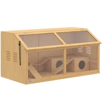 PawHut Hamsterkooi van hout 100 x 52 x 50 cm, grote knaagdierkooi met opbergruimte, klapdak, acrylraam, ventilatie en platform(m-1)