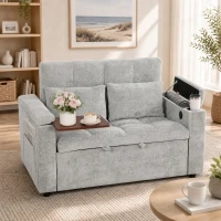 HOMCOM 2 Seater Sofa Bed, 3-in-1 Convertible Pull Out Sleeper Bed with Hidden Table, USB Port, Armrest Storage, Grey(m-8)
