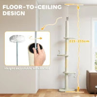PawHut 225-255 cm Adjustable Cat Climbing Tower with Sisal Scratching Posts, 2 Hanging Play Balls and Anti-Tip Strap, Beige(m-5)