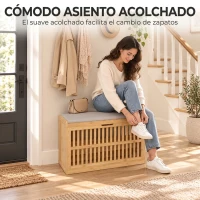 HOMCOM Banco Zapatero con Cajón Abatible Zapatero con Asiento Asiento Acolchado 80x30x48 cm Natural y Beige(m-6)