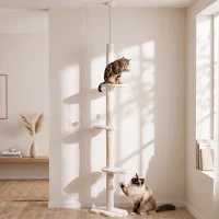 PawHut 225-255 cm Adjustable Cat Climbing Tower with Sisal Scratching Posts, 2 Hanging Play Balls and Anti-Tip Strap, Beige(m-8)