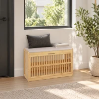 HOMCOM Banco Zapatero con Cajón Abatible Zapatero con Asiento Asiento Acolchado 80x30x48 cm Natural y Beige(m-9)