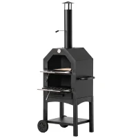 Outsunny Four à Pizza extérieur au Charbon de Bois - Barbecue sur roulettes - Four à Bois - Pierre réfractaire - cheminée, jauge température - Acier INOX.Noir Gris(m-12)