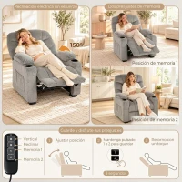 HOMCOM Sillón Relax Reclinable Eléctrico Silencioso con Función Memoria Reposapiés Mando a Distancia Bolsillos Laterales Gris(m-5)