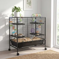 PawHut Large Hamster Cage, Gerbil Cage with Tubes, Storage Shelf, Ramps, Platforms, Running Wheel - Black(m-9)
