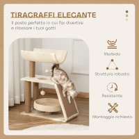 PawHut Albero Tiragraffi per Gatti con Lettino, Cuccia e Tappetino, in Legno, Peluche e Sisal, 60x30x76 cm, Marrone Chiaro(m-4)