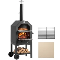 Outsunny Forno de Pizza Exterior com 2 Camadas Forno a Lenha com Rodas Gaveta Removível Prateleira para Jardim 64x54x160 cm Preto(m-11)