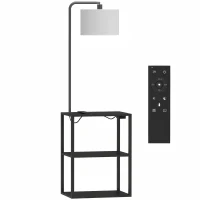 HOMCOM Dimmable Floor Lamp with Shelves, Charging Station, 3-Tier Storage Table, Adjustable Fabric Lampshade, Black(m-1)
