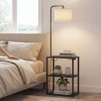 HOMCOM Dimmable Floor Lamp with Shelves, Charging Station, 3-Tier Storage Table, Adjustable Fabric Lampshade, Black(m-9)