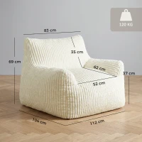 HOMCOM Sillón de Suelo de Pana con Respaldo Reposabrazos Acolchado Grueso Sin Estructura Sin Montaje Blanco Crema(m-3)
