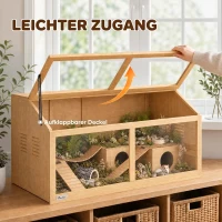 PawHut Hamsterkooi van hout 100 x 52 x 50 cm, grote knaagdierkooi met opbergruimte, klapdak, acrylraam, ventilatie en platform(m-5)