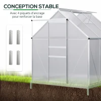 Outsunny Serre de jardin 3,6 m² en aluminium polycarbonate avec fondation, 190 x 190 x 200 cm, serre avec fenêtre réglable porte coulissante, abri extérieur résistant aux intempéries, argent(m-6)