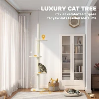 PawHut 225-255 cm Adjustable Cat Climbing Tower with Sisal Scratching Posts, 2 Hanging Play Balls and Anti-Tip Strap, Beige(m-4)