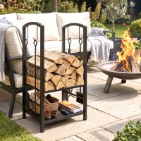 Outsunny Estante de Leña para chimenea Soporte para Leña de 2 Niveles Leñero Exterior e Interior Metálico con 4 Herramientas para Chimenea Carga Máx.100 kg 40x30x74,5 cm Negro(m-16)