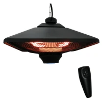 Outsunny Calefactor Exterior 1000/2000W Estufa Colgante de Techo Infrarrojos Radiante Halógeno con Control Remoto Luz LED para Interior y Exterior 43x43x25 cm Negro(m-1)