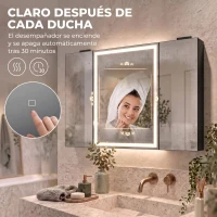 HOMCOM Armario de Baño con Espejo de LED Toma de Corriente 3 Puertas Antivaho Estantes Ajustables de Vidrio Templado Negro(m-6)