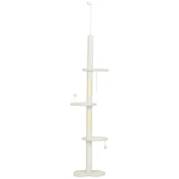 PawHut 225-255 cm Adjustable Cat Climbing Tower with Sisal Scratching Posts, 2 Hanging Play Balls and Anti-Tip Strap, Beige(m-11)