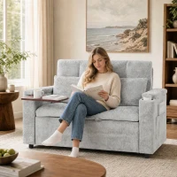 HOMCOM 2 Seater Sofa Bed, 3-in-1 Convertible Pull Out Sleeper Bed with Hidden Table, USB Port, Armrest Storage, Grey(m-14)