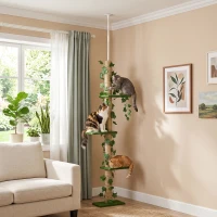 PawHut 242cm Adjustable Floor-To-Ceiling Cat Tree, with Artificial Decoration, Perches, Anti-Slip Kit - Green(m-2)