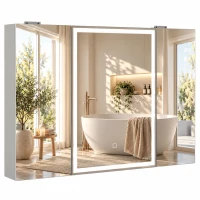 HOMCOM Armario de Baño con Espejo de LED Toma de Corriente 3 Puertas Antivaho Estantes Ajustables de Vidrio Templado Blanco(m-11)