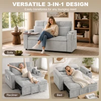 HOMCOM 2 Seater Sofa Bed, 3-in-1 Convertible Pull Out Sleeper Bed with Hidden Table, USB Port, Armrest Storage, Grey(m-4)