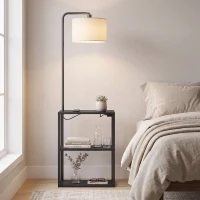 HOMCOM Dimmable Floor Lamp with Shelves, Charging Station, 3-Tier Storage Table, Adjustable Fabric Lampshade, Black(m-8)