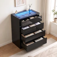 HOMCOM High Gloss 4 Drawer Chest of Drawers with Glass Top and RGB LED Lights, Dresser w/ Jewelry Organizer, APP Control, Black(m-8)