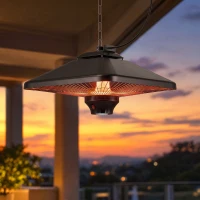 Outsunny Calefactor Exterior 1000/2000W Estufa Colgante de Techo Infrarrojos Radiante Halógeno con Control Remoto Luz LED para Interior y Exterior 43x43x25 cm Negro(m-19)
