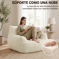 HOMCOM Sillón de Suelo de Pana con Respaldo Reposabrazos Acolchado Grueso Sin Estructura Sin Montaje Blanco Crema(m-5)