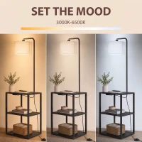 HOMCOM Dimmable Floor Lamp with Shelves, Charging Station, 3-Tier Storage Table, Adjustable Fabric Lampshade, Black(m-6)