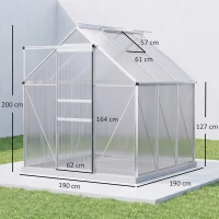 Outsunny Serre de jardin 3,6 m² en aluminium polycarbonate avec fondation, 190 x 190 x 200 cm, serre avec fenêtre réglable porte coulissante, abri extérieur résistant aux intempéries, argent(m-3)