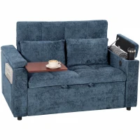 HOMCOM 2 Seater Sofa Bed, 3-in-1 Convertible Pull Out Sleeper Bed with Hidden Table, USB Port, Armrest Storage, Dark Blue(m-15)