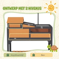PawHut Houten schildpaddenhuis 2-laags met plank, lamphouder, acrylvenster en klapdak(m-4)