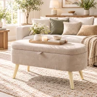 HOMCOM Aufbewahrungsbank aus Sherpa-Fleece Sitzbank mit Stauraum mit Holzbeinen in Beige(m-8)