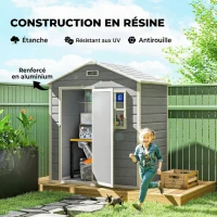 Outsunny Abri de Jardin en Résine 1,9m² avec Plancher, Toit Pointu, Fenêtre, 2 Aérations, Porte Verrouillable 182x121x200cm, Gris(m-5)