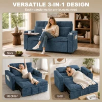 HOMCOM 2 Seater Sofa Bed, 3-in-1 Convertible Pull Out Sleeper Bed with Hidden Table, USB Port, Armrest Storage, Dark Blue(m-4)