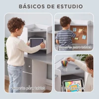 AIYAPLAY Escritorio Infantil con Silla Soporte Ajustable para Tablet Portalápices Tablero de Corcho Estantes Armarios Gris(m-5)