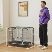 PawHut Gaiola Resistente para Cães com Rodas, Porta de Alimentação e Tabuleiro Removível para Cães Pequenos 93x58x76 cm Preto(m-3)