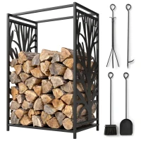 HOMCOM Kaminholzregal für innen Stahl 46 x 30 x 70cm Brennholzregal mit 4 Kaminwerkzeug 4 Haken Kaminbesteck Set Kaminholzständer für Kamin Ofen Feuerholzregal Kaminholzhalter für Feuerholz, Schwarz(m-11)