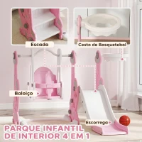 AIYAPLAY Escorrega Infantil 4 em 1 Parque Infantil com Baloiço e Escorrega Escalador Cesto de Basquetebol 147,5x160x107 cm Rosa(m-4)