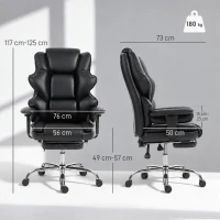 HOMCOM, Scaun de Birou, cu Suport pentru Picioare și Tetieră, din Piele PU, Spumă și Metal, 76x73x117-125 cm, Negru(m-3)