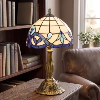 HOMCOM Candeeiro de Mesa Tiffany Vintage Candeeiro de Cabeceira com Abajur em Vidro Colorido para Quarto e Sala Azul(m-10)
