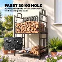 Outsunny Kaminholzständer mit Kaminbesteck, Brennholzregal Feuerholzablage Kaminwerkzeug Eisen Schwarz+Gold 51,5x33x77 cm(m-6)