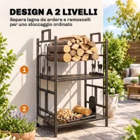 Outsunny Portalegna in Ferro Battuto con Attrezzi per Camino, Manici e Base Rialzata, 51.5x33x77cm, Nero(m-4)