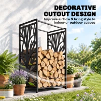 HOMCOM Steel Firewood Log Holder Indoor Outdoor Firewood Rack Fireplace Wood Storage Shelf with 4 Tools, Hooks, Tree Pattern Design, Rust-Resistant, Black, 46W x 30D x 70H cm(m-4)