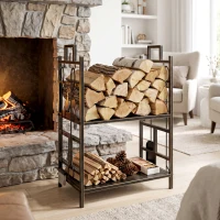 Outsunny Suporte para Lenha de Ferro Forjado de 2 Níveis com 4 Ferramentas para Interior e Exterior 51,5x33x77 cm Preto e Dourado(m-2)