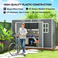 Outsunny Abri de Jardin en Résine 4,96m², Toit Incliné, Plancher, Fenêtres, Aérations, Portes Verrouillables, 303x183x197cm, Gris(m-8)