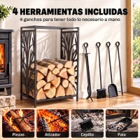 HOMCOM Estante para Leña Estantería de Almacenamiento para Chimenea 46x30x70 cm Soporte para Leña con 4 Herramientas Negro(m-5)
