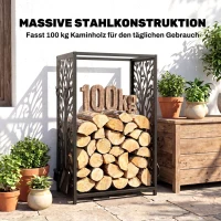 HOMCOM Kaminholzregal für innen Stahl 46 x 30 x 70cm Brennholzregal mit 4 Kaminwerkzeug 4 Haken Kaminbesteck Set Kaminholzständer für Kamin Ofen Feuerholzregal Kaminholzhalter für Feuerholz, Schwarz(m-7)