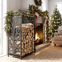 HOMCOM Steel Firewood Log Holder Indoor Outdoor Firewood Rack Fireplace Wood Storage Shelf with 4 Tools, Hooks, Tree Pattern Design, Rust-Resistant, Black, 46W x 30D x 70H cm(m-9)